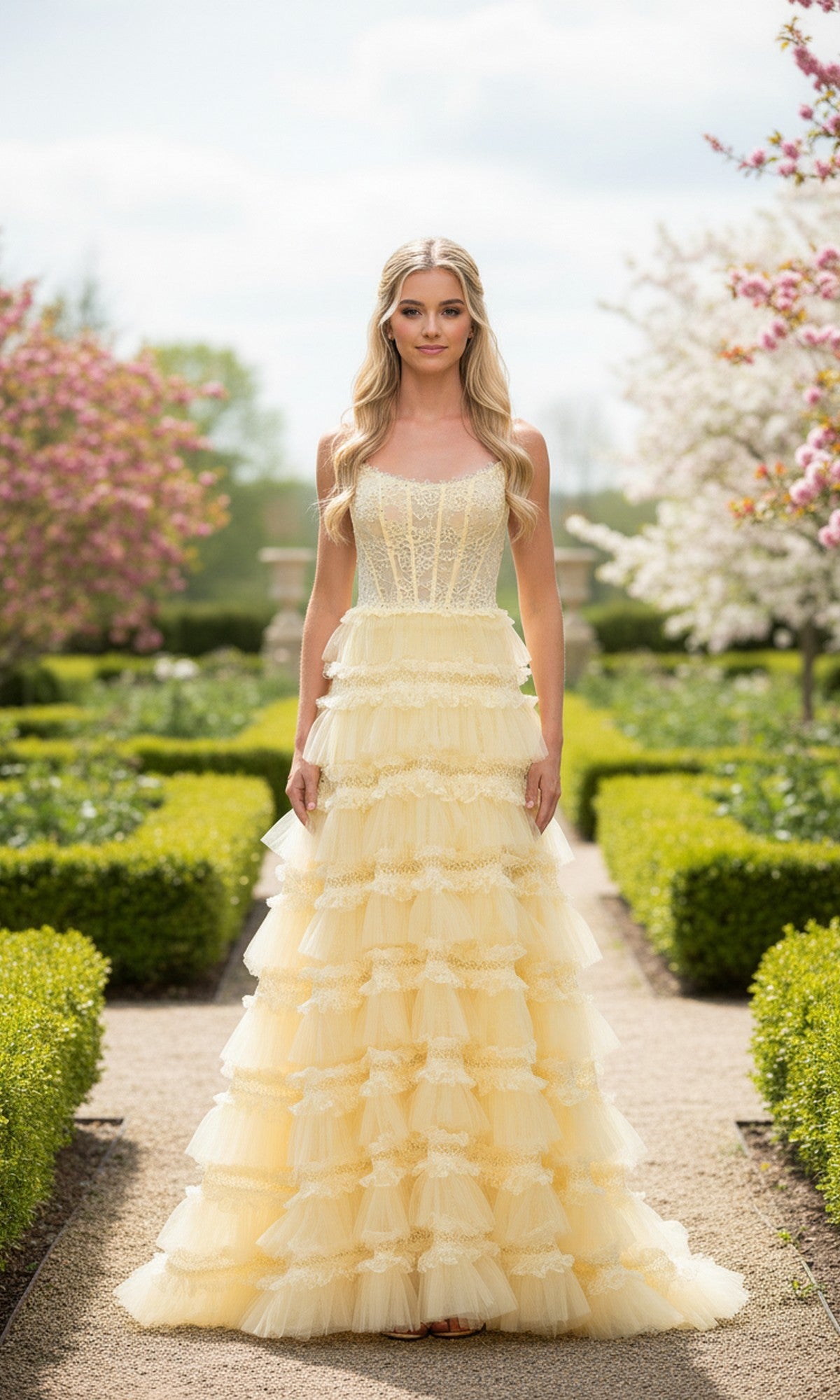 A woman stands in a garden wearing the La Femme 33493, a sleeveless pale yellow prom ball gown with a tiered ruffle skirt, surrounded by blooming trees and trimmed hedges.